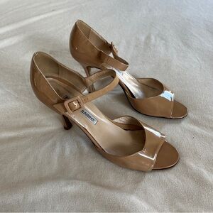 Manolo Blahnik Patent Leather Mary Jane Tan Peep Toe Heels Size 39.5 US 9.5